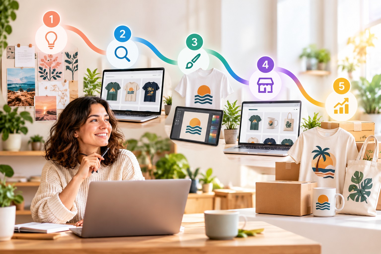 Workspace with laptop, designs and printed products